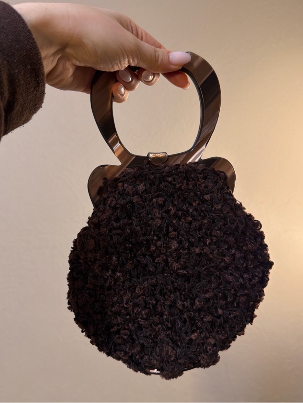 Plush Round Top-Handle Bag in Dark Brown